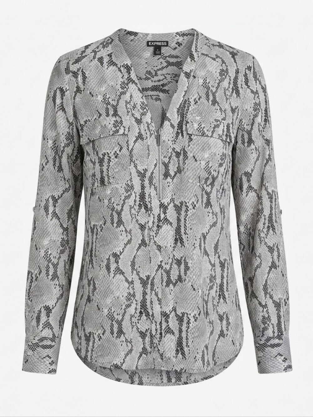 Express Snakeskin Print Blouse Medium Gray Zip Front Edgy Chic Long Sleeve